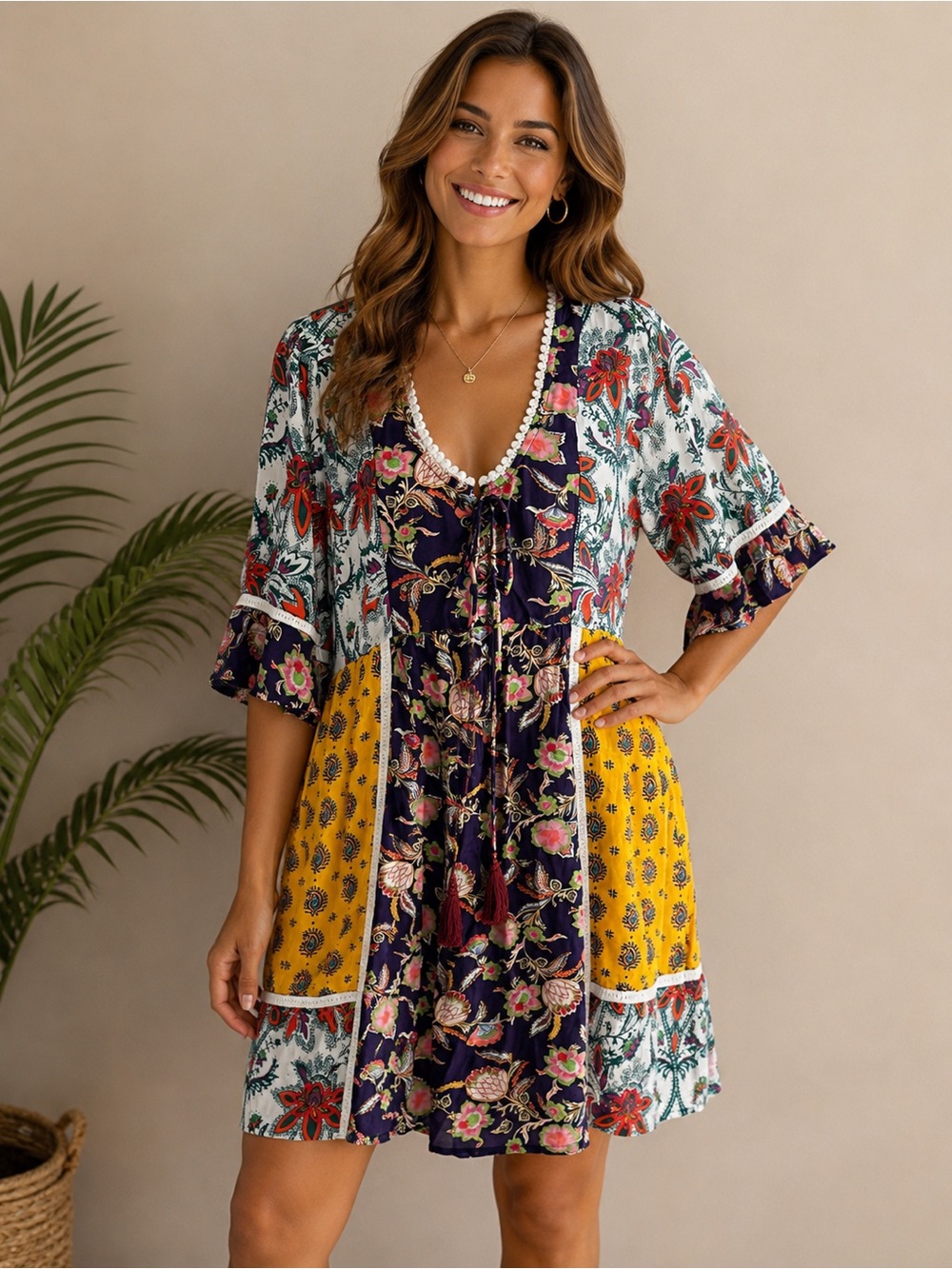 ANTHROPOLOGIE || Lilka Floral Patchwork Trapeze Boho Tunic Dress. Sz. M